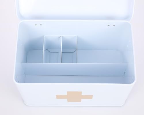 Lassos Boutique 13" Retro Enameled First Aid Box, Medicine Storage with Lid, Tray, Dividers, White/Tan