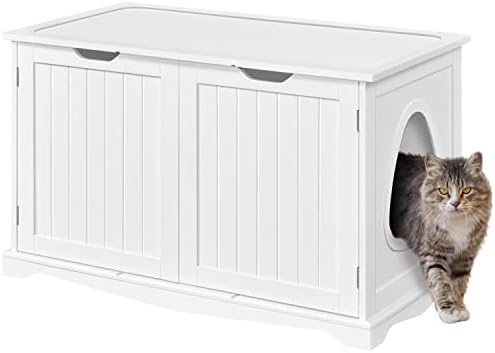 Yaheetech Cat Litter Box Enclosure, Box Cabinet Hidden, Wooden Pet Crate Kitty Washroom Storage Bench with Divider Home Litter Loo Indoor Cat House White