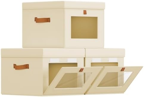 Homsorout Storage Bins with Lid – Closet Organizer with Side Opening and Clear Window, Foldable Stackable Fabric Basket for Clothes Storage, Bedroom, Nursery, Office, 3 Pack, Beige