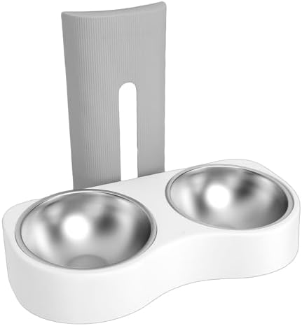 Wall Mounted Dog Bowls, Raised Cat Double Stainless Steel Bowl, Elevated Food and Water Bowls Kitten Feeding Dish Pet Feeder Station for Small Pets (Grey White)