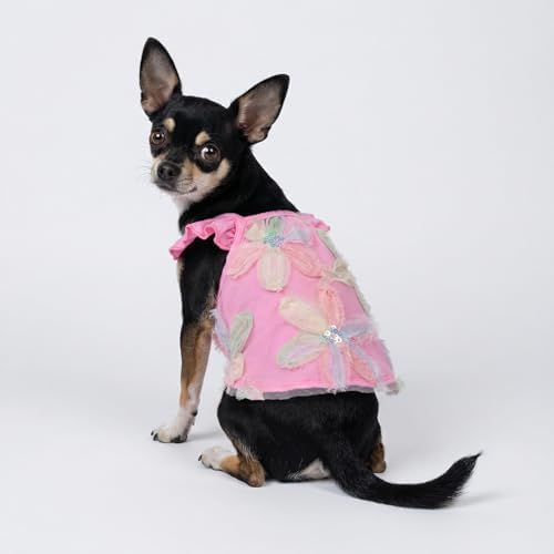 Fitwarm Embroidered Flower Ruffle Dog Shirt, Fancy Summer Clothes for Small Dogs Girl, Sweet Pet Tee, Pink, XS