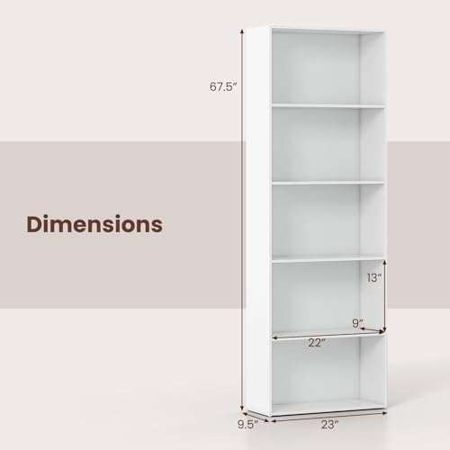GIANTEX 5-Tier Bookshelf, Freestanding Tall Bookcase with 5 Open Compartments, Modern Storage Organizer, Display Shelving Unit for Living Room, Bedroom, Home Office, White