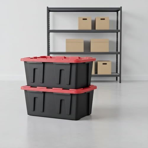 27 Gallon Heavy-Duty Storage Totes with Secure Snap Lids, 4-Pack Stackable Plastic Bins for Garage, Basement, Attic Organization - Black Base & Red Lid, Lockable Design for Indoor/Outdoor Use (4 PACK)
