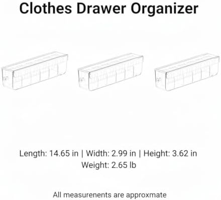 Clear PET Plastic Drawer Organizer with Dividers for Socks & Accessories, 14.6 x 3.0 x 3.6 Inches