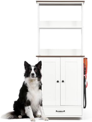 Pet Feeding Station Cabinet with Pull Out Bowls, Adjustable Shelves, Elevated Dog Cat Feeder, Storage Organizer, Side Hooks, Anti Tip Wall Anchor, Hidden Drawer, Leash Holder, Home Furniture