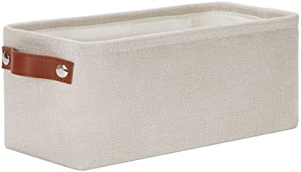 DULLEMELO Small Storage Basket, Toilet Paper Basket Narrow Storage Bin for Bathroom, Bathroom Basket for Organizing with Leather Handles, Canvas Storage Basket for Toilet Magazine Holder(Beige)