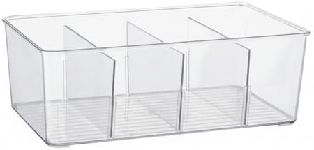 Clear PET Storage Box with Sliding Lid & Dividers, 4-Compartment Organizer for Small Items, Home Office Desk Drawer (1 Pack)