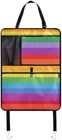 1 Pack Back Seat Car Organizer with Storage Pockets Kick Mats Back Seat Protector Hanging Car Organizer Automotive Seat Back Cover Organizers Vibrant Colorful Stripes