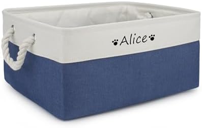 Dog Toy Basket,Dog Toy Bin Box with Comfortable Handles,Personalized Collapsible Large Pet Toy Storage Custom Name for Accessories,Toys,Clothing, Blanket & Leash（white cyan,L）