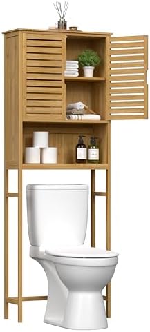 Yardenaler Over-The-Toilet Storage Shelf with Doors, Bathroom Freestanding Bamboo Organizer Space Saver with Adjustable Shelf, Natural