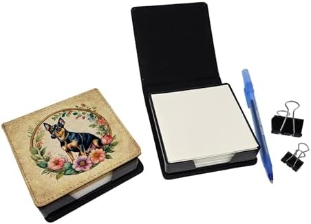 Caroline's Treasures Miniature Pinscher and Flowers PU Leather Note Paper Holder with Artist-Designed Cover, Desk Accessory, Office Gift