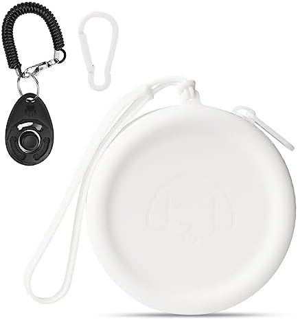 WALLFID Silicone Dog Treat Pouch Small Bag,with Pet Training Clicker,Walking Bag for Dog and Cat, Pocket Size, Easy to Clean, Odorless, Zipper Design,Moisture-Proof,Travel Walking Bag.(White)