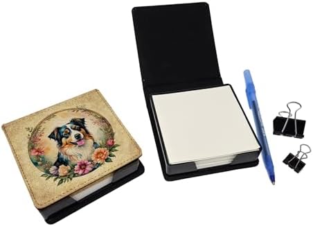 Caroline's Treasures Australian Shepherd and Flowers PU Leather Note Paper Holder with Artist-Designed Cover, Desk Accessory, Office Gift