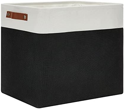 DULLEMELO Large Fabric Basket for Organizing, 17"x12"x15" Storage Basket With Leather Handles, Collapsible Storage Bin for Clothes, Toys, Books, Office, Bedroom, Closet, Nursery&Laundry (White&Black)