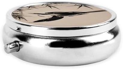 Fish Bird Leaves Painting Printed Pill Organizer,Round Travel Pill Organizer Mini Medicine Pill Box for Purse Iron Plating