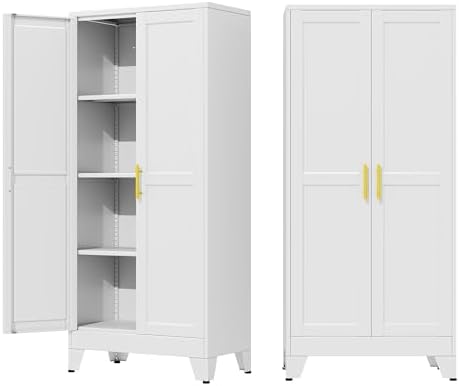 61" Metal Garage Storage Cabinet with 2 Doors and 3 Adjustable Shelves,Metal Storage Cabinets,Steel Tool Cabinets for Home,Office,Garage,Warehouse(White, 61''H x 27''W x 14''D)