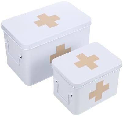 Lassos Boutique 13" Retro Enameled First Aid Box, Medicine Storage with Lid, Tray, Dividers, White/Tan