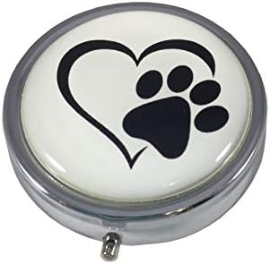 Heart with Paw Print Silver Pill Box – Round 3-Compartment Metal Pill Organizer, Compact 2-Inch Travel Pill Case for Purse or Pocket