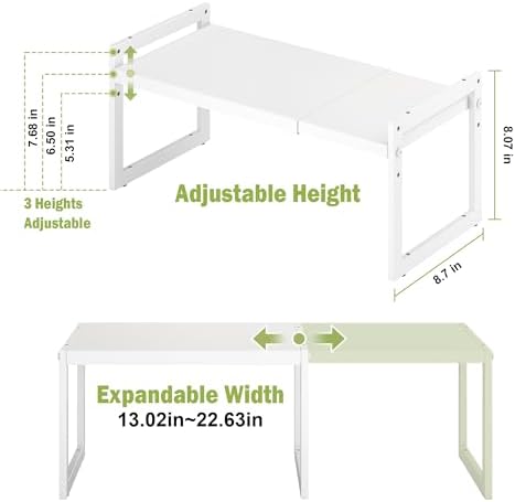 Expandable Cabinet Shelf Organizer, Stackable Kitchen Counter Shelf, White | Space Saving Metal Pantry Storage Racks for Kitchen Spice Rack Pans and Untensils Bathroom Office Organization, 1-Tier