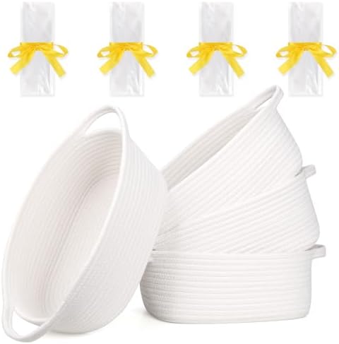Gift Baskets Empty to Fill 4 Pack, 12x8x5 inch - Small Rectangular Woven Rope Bins for Baby Shower, Bathroom, Decor - With Gifting Wrap Bags & Ribbons - Reusable, Washable - White