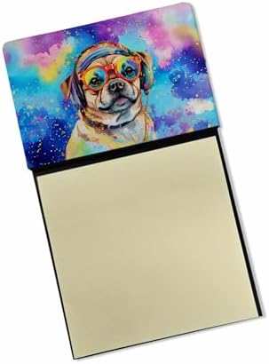 Caroline's Treasures Pug Hippie Dawg Sticky Note Holder Refillable Dispenser Self-Sticky Note Pads, Memo Pads Blank Desk Accessories
