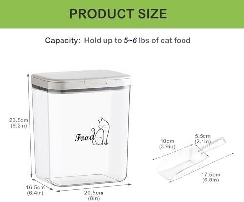 Airtight Cat Food Storage Container | 6.0 Qt/5.5 L Dry Cat Food Bin With Food Scoop |Hold up to 4~5lbs of Pet Food or Kibble|Clear BPA Free