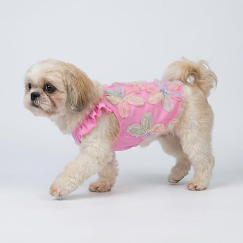 Fitwarm Embroidered Flower Ruffle Dog Shirt, Fancy Summer Clothes for Small Dogs Girl, Sweet Pet Tee, Pink, Medium
