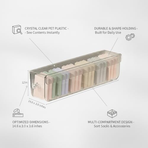 Clear PET Plastic Drawer Organizer with Dividers for Socks & Accessories, 14.6 x 3.0 x 3.6 Inches