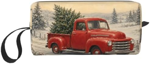 Vintage Red Truck in Snow Makeup Bag for Women, Cosmetic Pouch | Double-Sided Vintage Red Truck Cosmetic Organizer with Foam Padding for Women, Travel, Gym, School, and Daily Storage