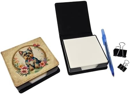 Caroline's Treasures Yorkshire Terrier and Flowers PU Leather Note Paper Holder with Artist-Designed Cover, Desk Accessory, Office Gift