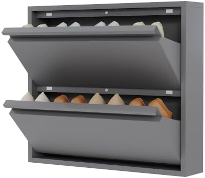 Garvee Slim Metal Shoe Cabinet with 2 Flip Drawers for Entryway, Dark Gray | Narrow Shoe Storage, Wall Mounted or Floor Standing, Detachable Bottom Corners for Flexible Placement, Anti-Tip Wall Mount