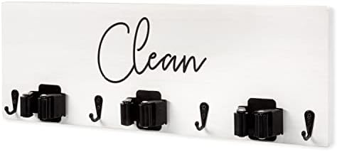 Ilyapa Wall Mount Broom Holder, White Wooden Mop Storage | 3 Pole Holders with 4 Hooks, Kitchen or Laundry Room Organizer