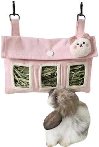 Rabbit Hay Feeder Bag with Cute Pendant, Storage Guinea Pig Feeder Rack Bag, Large Capacity Cotton Canvas Hanging Bag for Bunnies Chinchillas Guinea Pigs (Pink,S)
