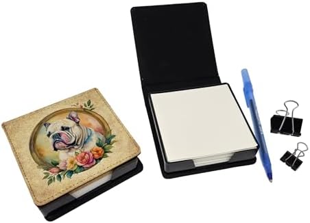 Caroline's Treasures English Bulldog and Flowers PU Leather Note Paper Holder with Artist-Designed Cover, Desk Accessory, Office Gift