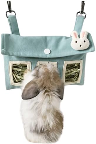 Rabbit Hay Feeder Bag with Cute Pendant, Storage Guinea Pig Feeder Rack Bag, Large Capacity Cotton Canvas Hanging Bag for Bunnies Chinchillas Guinea Pigs (Green,S)