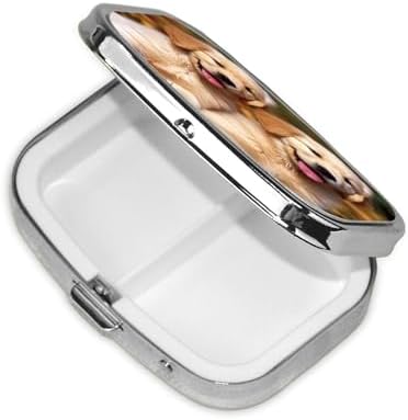 Golden Retriever Dogs Puppies Pets Pill Box 2 Compartment Medicine Pill Organizer Square Pill Case for Purse & Pocket Travel Pillbox Portable Metal Medicine Vitamin Fish Oil Organizer Unique Gift