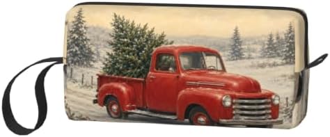 Vintage Red Truck in Snow Makeup Bag for Women, Cosmetic Pouch | Double-Sided Vintage Red Truck Cosmetic Organizer with Foam Padding for Women, Travel, Gym, School, and Daily Storage