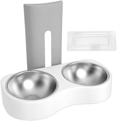 Wall Mounted Dog Bowls, Raised Cat Double Stainless Steel Bowl, Elevated Food and Water Bowls Kitten Feeding Dish Pet Feeder Station for Small Pets (Grey White)