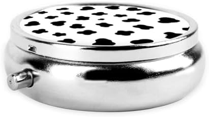 Compact Pill Container, Round Mini Box with Mirror, Travel Organizer for Supplements, Pocket Purse Holder for Daily Routine, Black and White Animal Cow Print