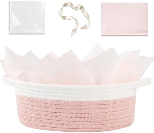 OIAHOMY Gift Basket Empty with Handle, 12"x 8"x 5" Small Woven Basket with Gift Bag, Ribbon and Wrap Tissue Paper, Dog Toy Storage for Organizing - Dusty Pink & White