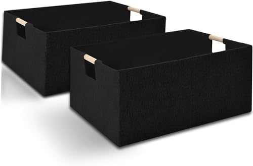xianshengle Fabric Storage Basket for Shelves, Collapsible Storage Bins with wood Handles, Rectangle Closet Baskets, Wardrobe Organiser, for Sorting Clothes, Family Items (Black) (2)