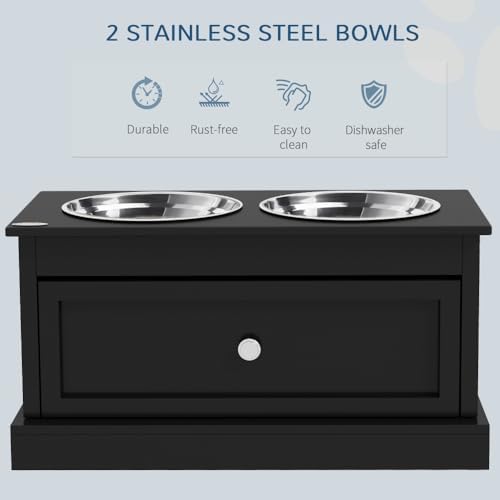 Elevated Dog Feeder Stand with Storage Drawer, Raised Pet Food Bowl Station for Large Dogs, Black MDF Frame with Stainless Steel Bowls