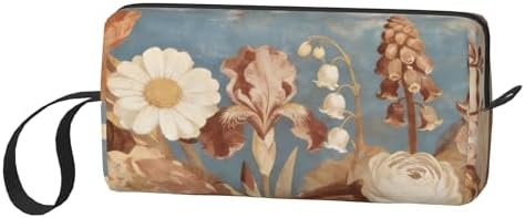 Vintage Blue Floral Garden Makeup Bag for Women with Wrist Strap | Durable 600D Oxford Fabric Cosmetic Organizer,Compact Travel Pouch with Handle for Gym & Daily Use
