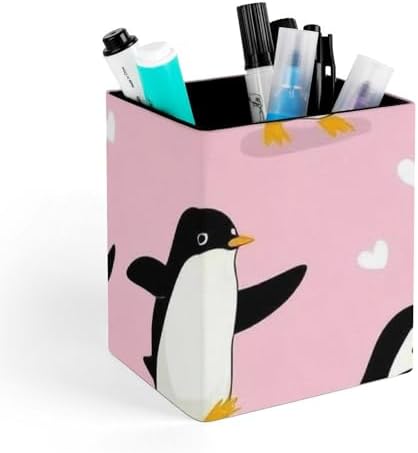 Square Pen Holder Waterproof Multifunctional Desk Organizer For Office Home Cute Cartoon Penguin And Heart Pink