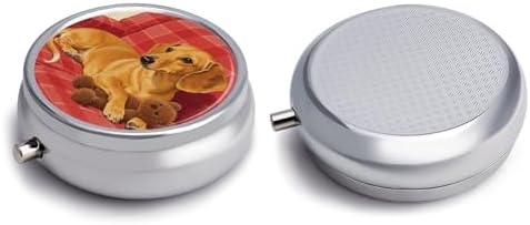 Portable Pill Box 3 Compartments, Small Round Metal Medicine Organizer for Pocket, Dachshund Weiner Pet Dog Pill Case for Vitamins, Fish Oil, Supplement & Travel