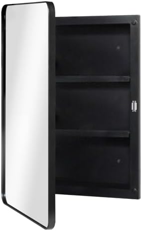 Black 16 x 22 Wall Medicine Cabinet, Mirror Door, Recessed or Surface Mount | Recessed Bathroom Mirror Cabinet with 2 Adjustable Shelves, Reversible Door And Hardware; Fully Assembled for Wall Mounting