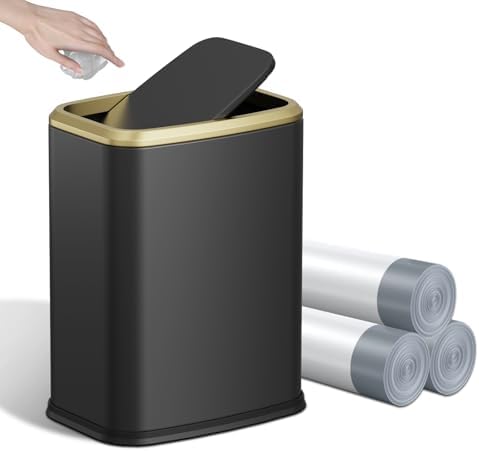 8L/2.1 Gallon Small Bathroom Trash Can with Lid, Swing-Top Rectangular Waste Bin, Stainless Steel Garbage Can for Home, Office, Toilet, Bedroom, Living-Room (Black)