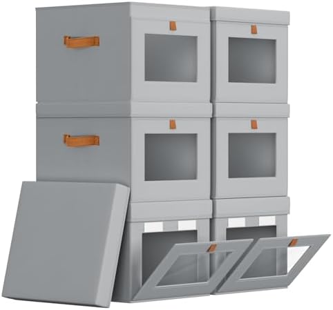 Homsorout Storage Bins with Lid – Closet Organizer with Side Opening and Clear Window, Foldable Stackable Fabric Basket for Clothes, Home, Office - 13.77" x 11.8" x 9.8", 6 Pack, Grey