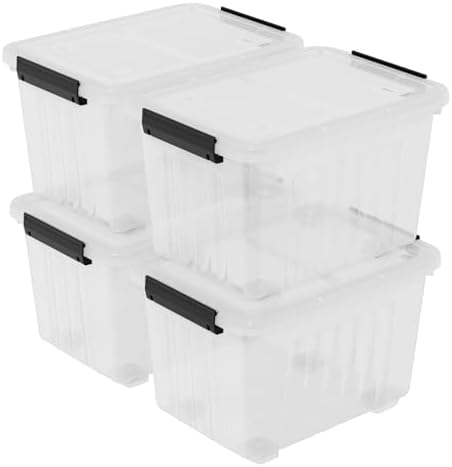 30 L Stackable Storage Bins with Lids, Clear Plastic Storage Containers, Stackable Organization Boxes with Secure Latching Lids/Wheels, Set of 4