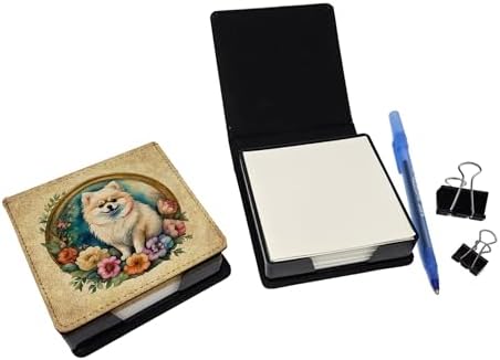 Caroline's Treasures Pomeranian and Flowers PU Leather Note Paper Holder with Artist-Designed Cover, Desk Accessory, Office Gift